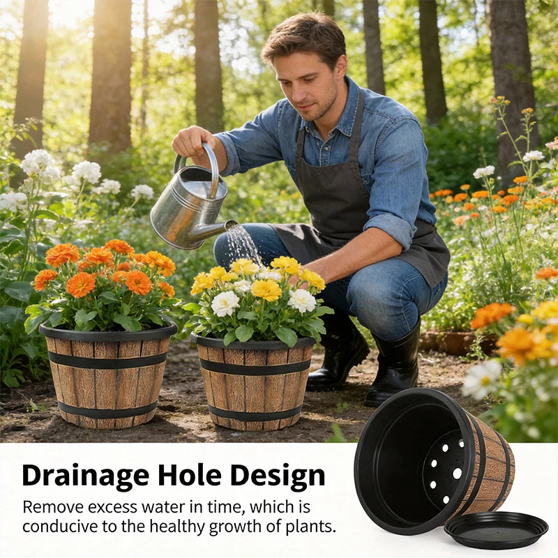 Imitation Wooden Barrel Resin Plant Pot