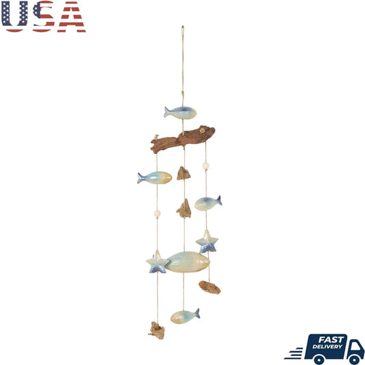 40 Inch Ceramic Fish Windchime with Driftwood and Wooden Beads