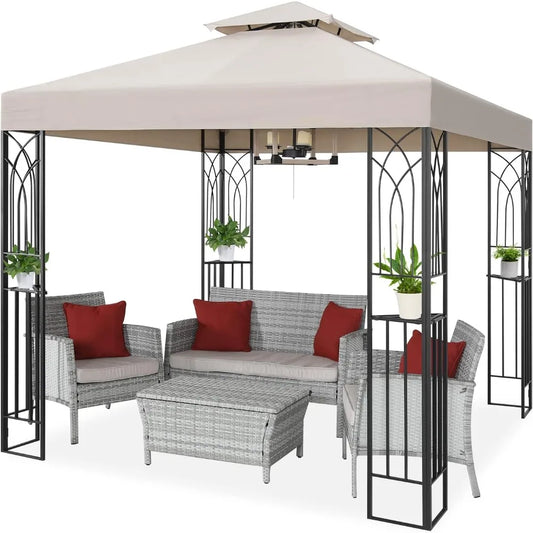 8x8 Outdoor Patio Gazebo with Corner Shelves, Two-Tier Soft Top Canopy
