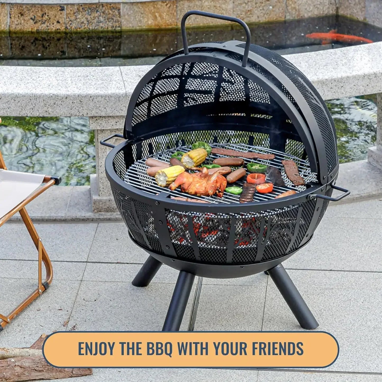 35 Inch Wood Burning Fire Pit with BBQ Grill