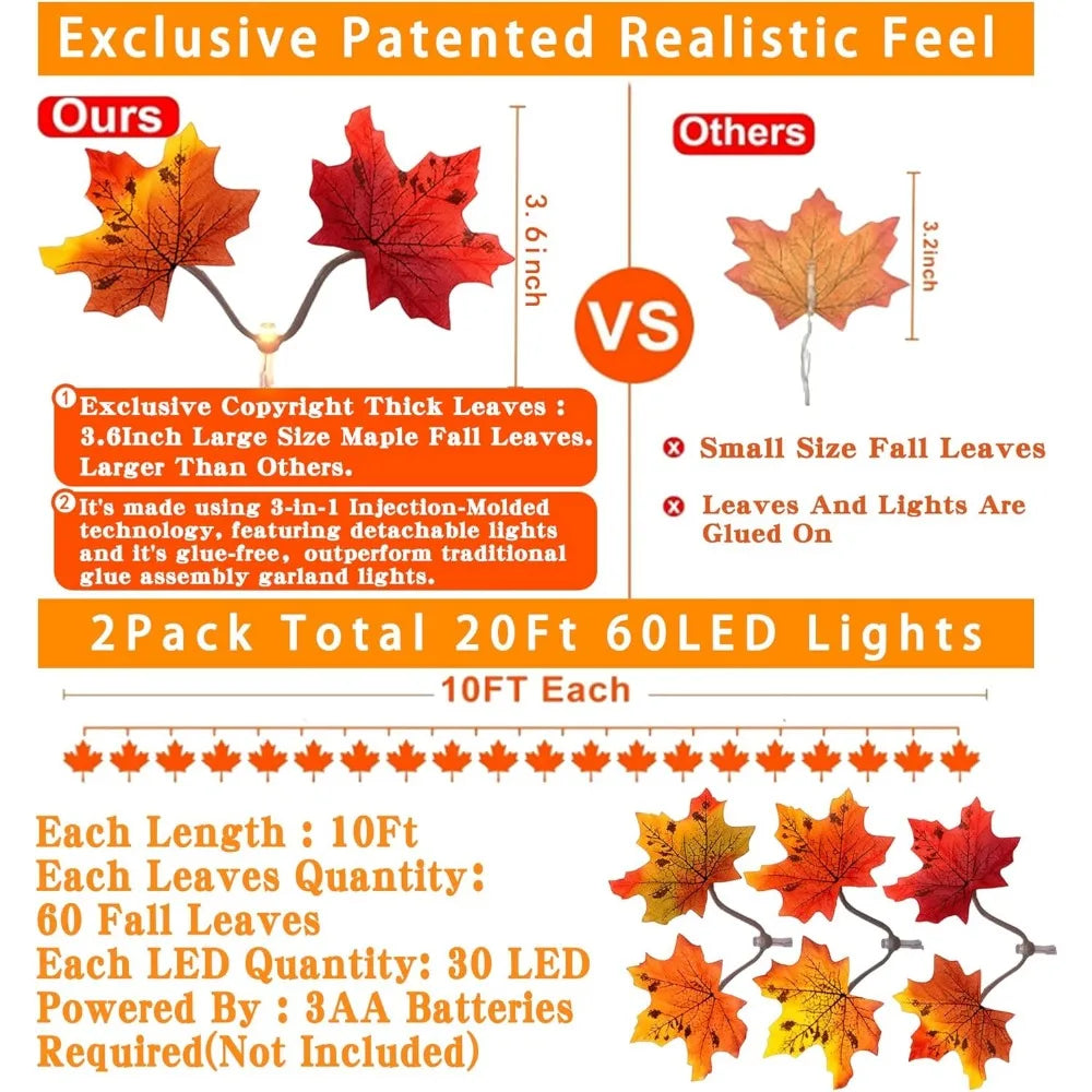 2 Pack Maple Leaf String Lights for Fall Decor
