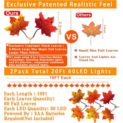 2 Pack Maple Leaf String Lights for Fall Decor