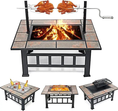 37 Inch Outdoor Square Wood-Burning Fire Pit with Grill