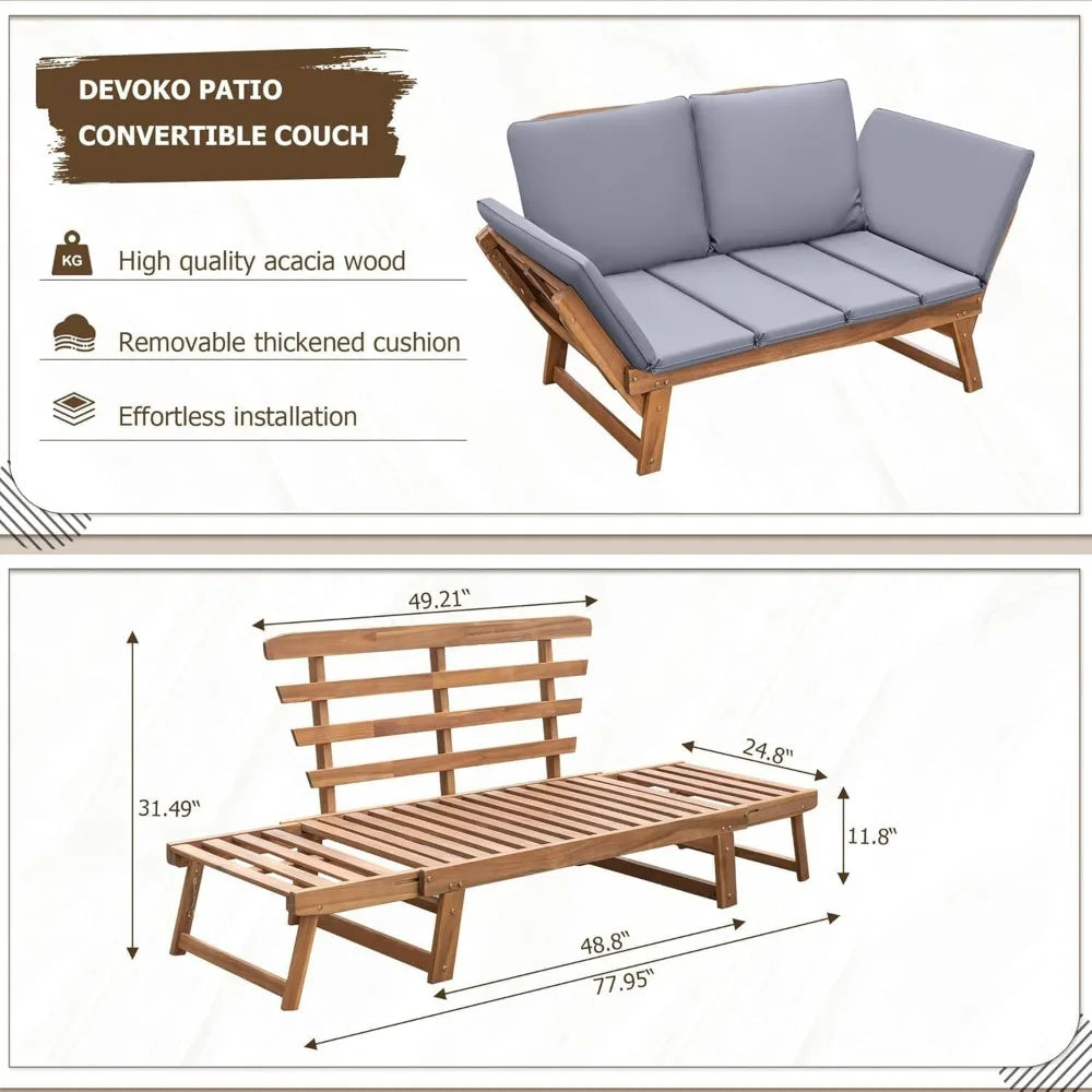 Acacia Wood Patio Couch with Adjustable Armrests