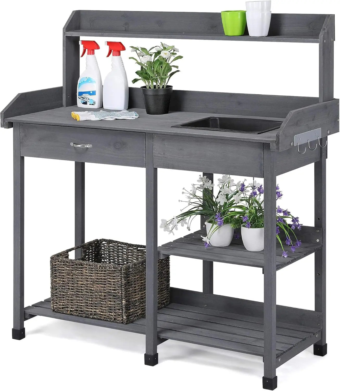 Outdoor Potting Bench with Drawer/Adjustable Shelf Rack/Removable