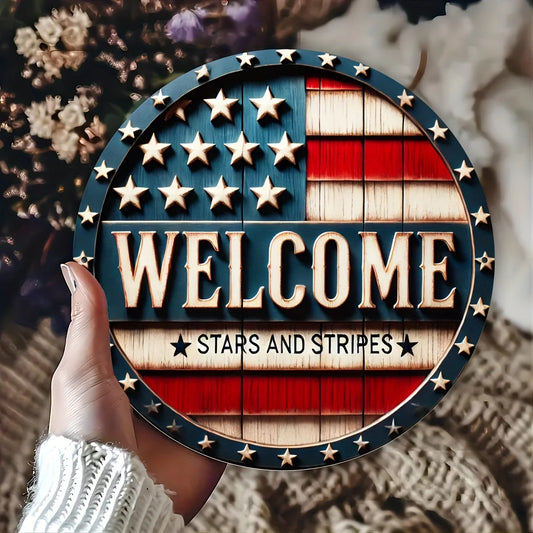 Patriotic Round Metal Welcome Sign