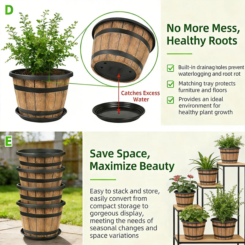 Imitation Wooden Barrel Resin Plant Pot
