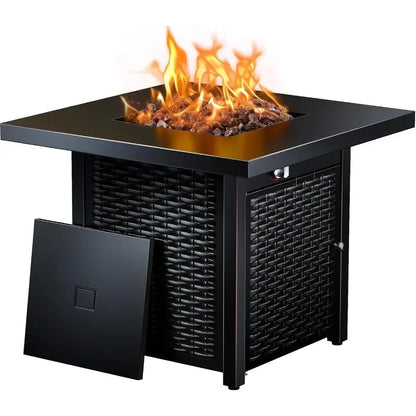 28 Inch Propane Fire Pit Table with Steel Construction, Lid, Lava Rocks, and Warmth