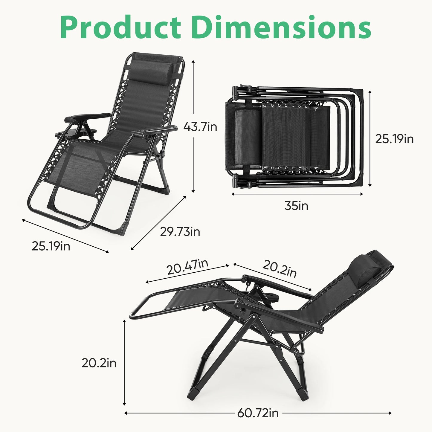 Zero Gravity Portable Recliner with Cup Holder Trays and Adjustable Pillow