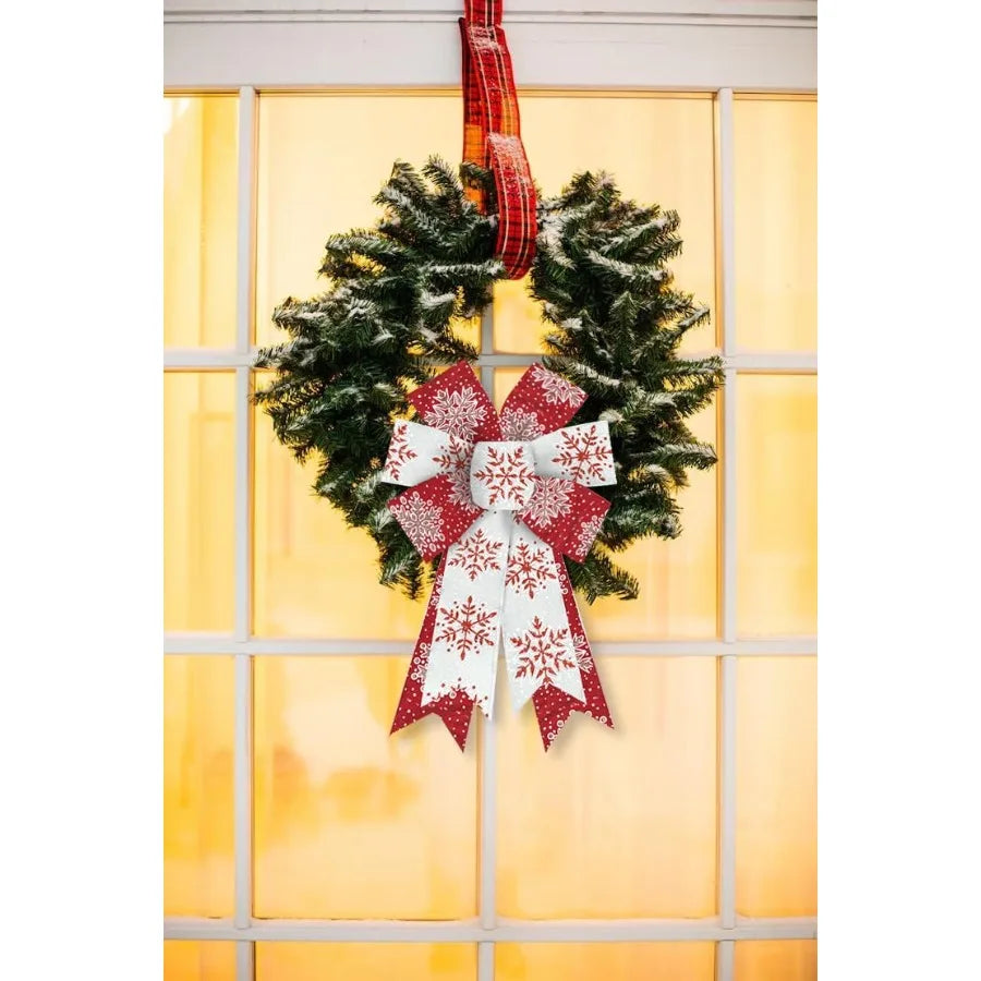 2 Pieces Christmas Glitter Red White Burlap Bows with Snowflake Design