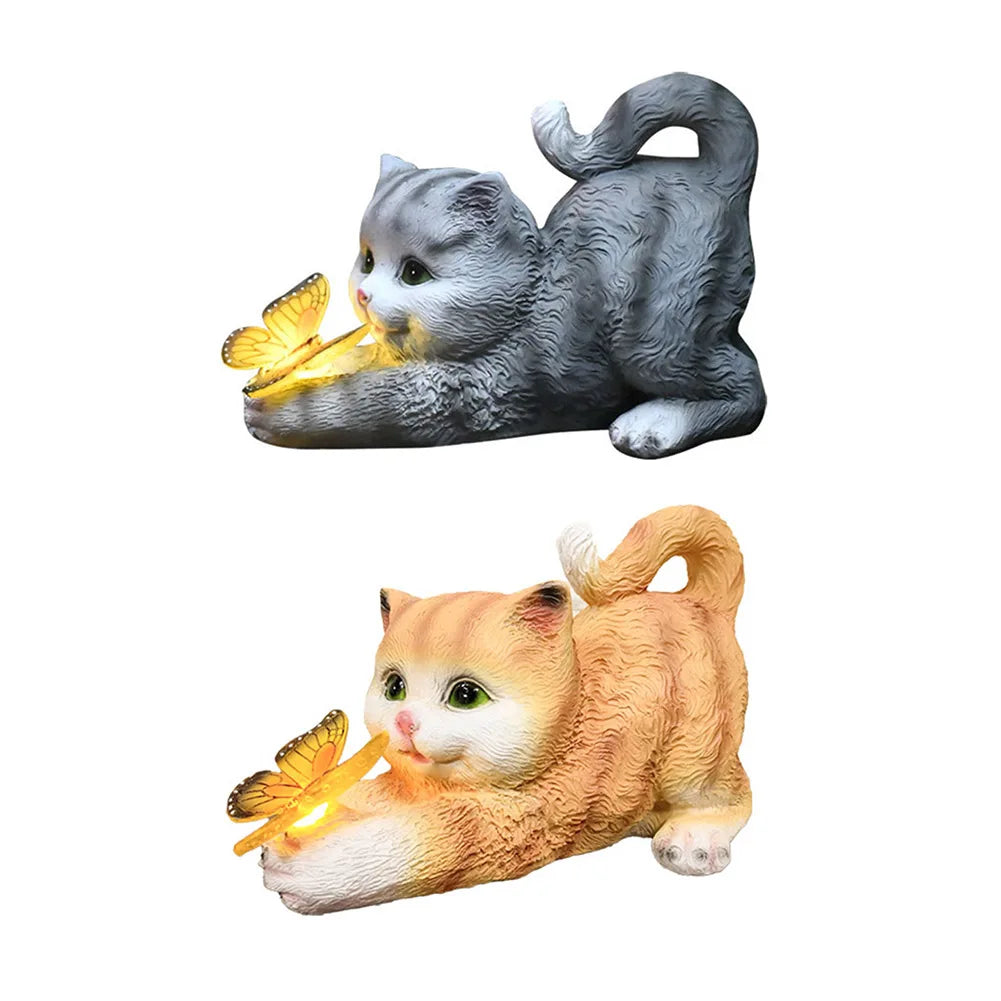 Cute Cat and Butterfly Solar Garden Statue