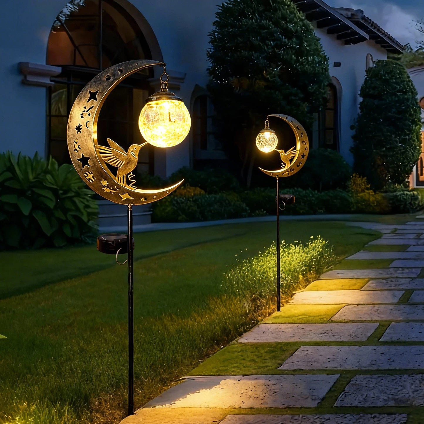 Solar-powered moon-shaped with hummingbird and glass ball yard decor