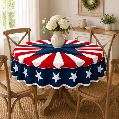 Round Patriotic Tablecloth Red White Blue Star Stripes Print