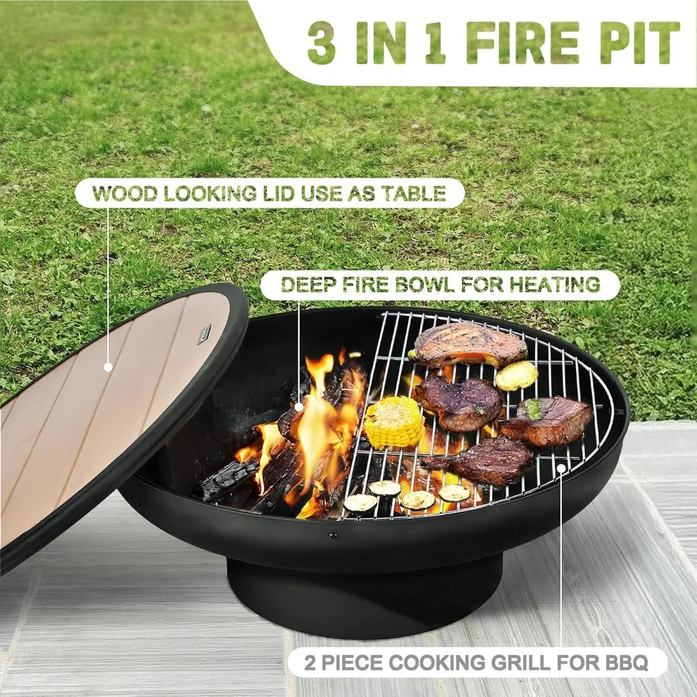 32in Outdoor Wood Burning BBQ Grill Firepit Bowl with Cover Lid