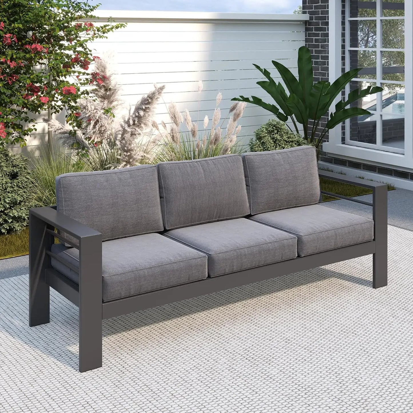 3-Seat Metal Outdoor Sofa With Water-Resistant Cushions