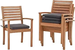 Stackable Outdoor Acacia Wooden Chairs w/Armrest & Removeable Fabric Cushion Set of 4,