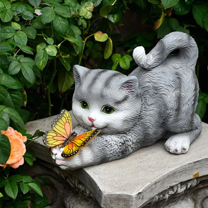Cute Cat and Butterfly Solar Garden Statue