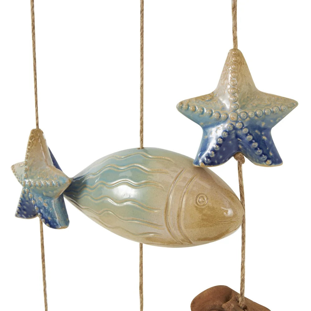 40 Inch Ceramic Fish Windchime with Driftwood and Wooden Beads