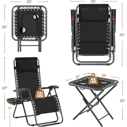 3PCS Zero Gravity Recliner Portable Outdoor Reclining Chair Set w/Side Table