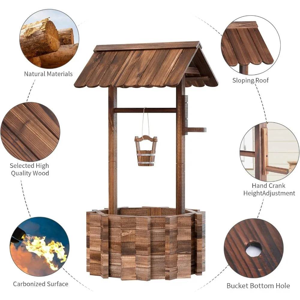 Outdoor Wooden Wishing Well Planter with Hanging Bucket for Flower and Plants