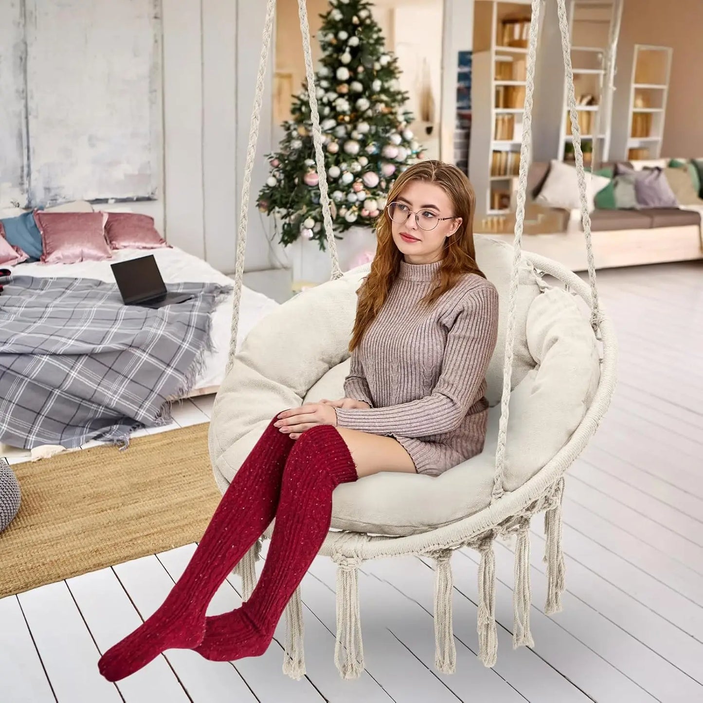 Hanging Swing Chair with Large Thick Cushions