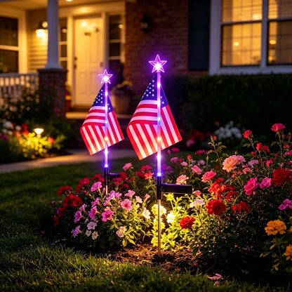 2/4 Pack American Flag Stake Light or Red White Blue Solar String Lights