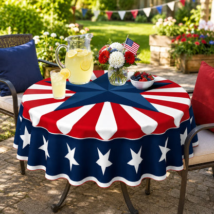 Round Patriotic Tablecloth Red White Blue Star Stripes Print
