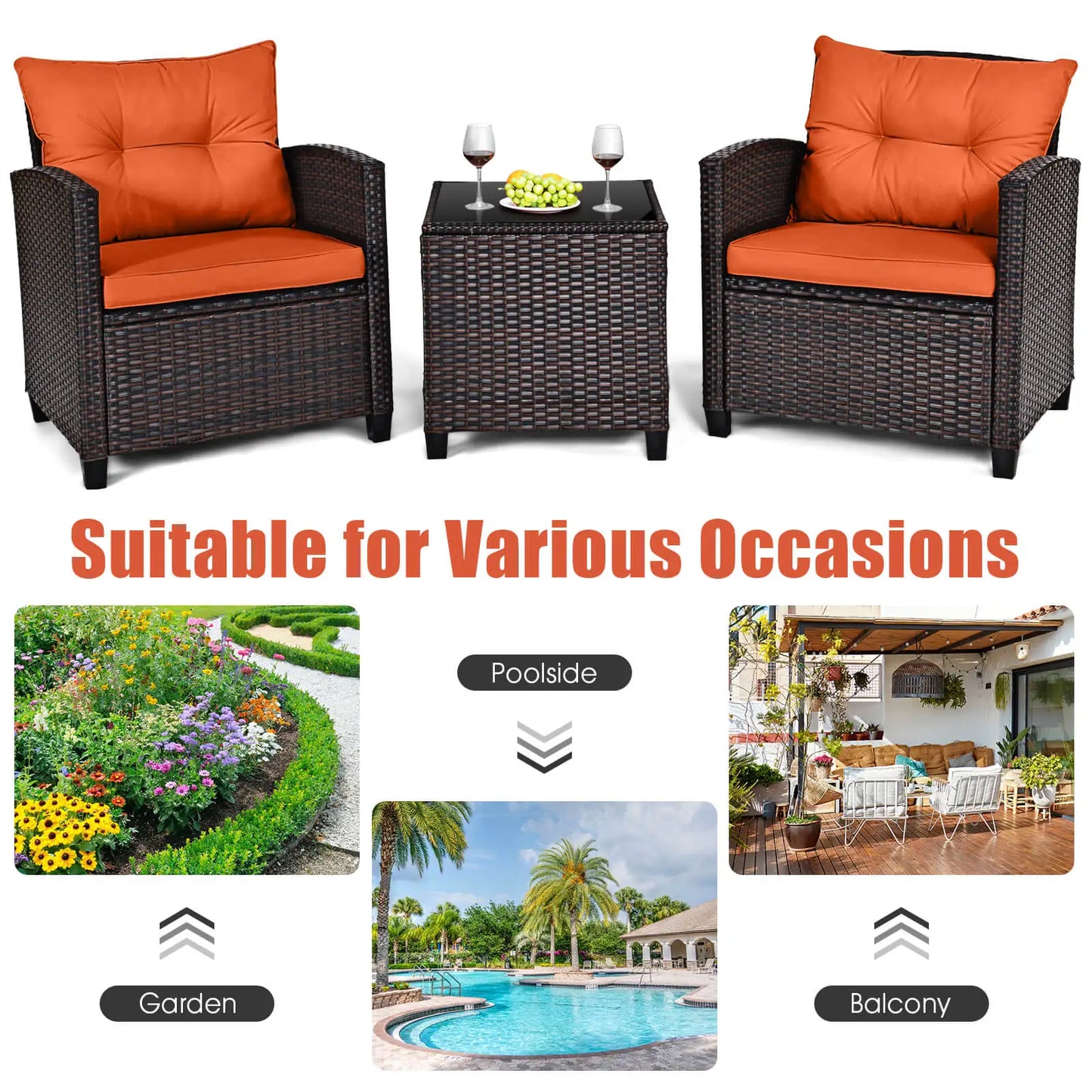 3 PCS Patio Rattan Furniture Set with Cushions