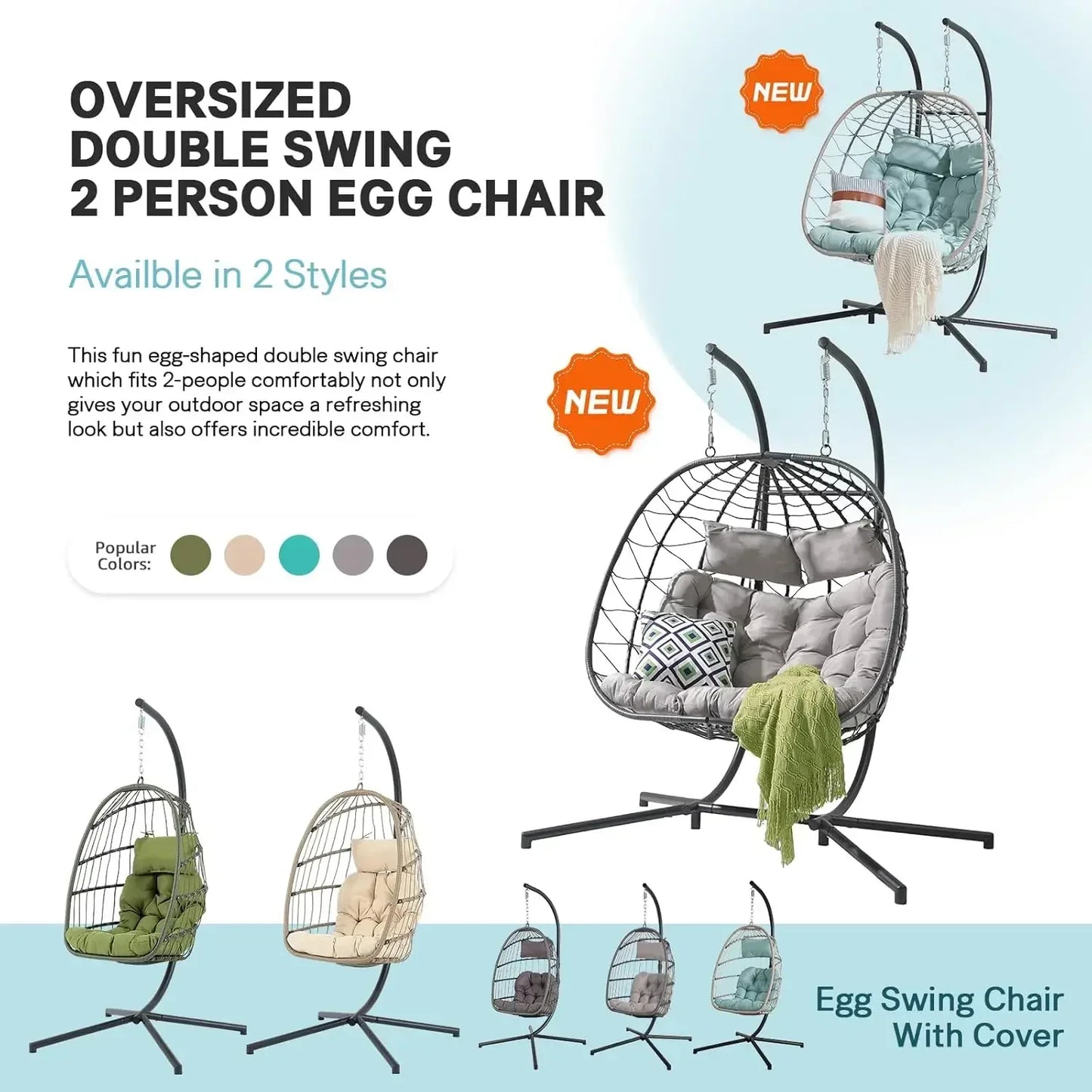 2 Person Double Egg Swing Chair with Stand Indoor Outdoor