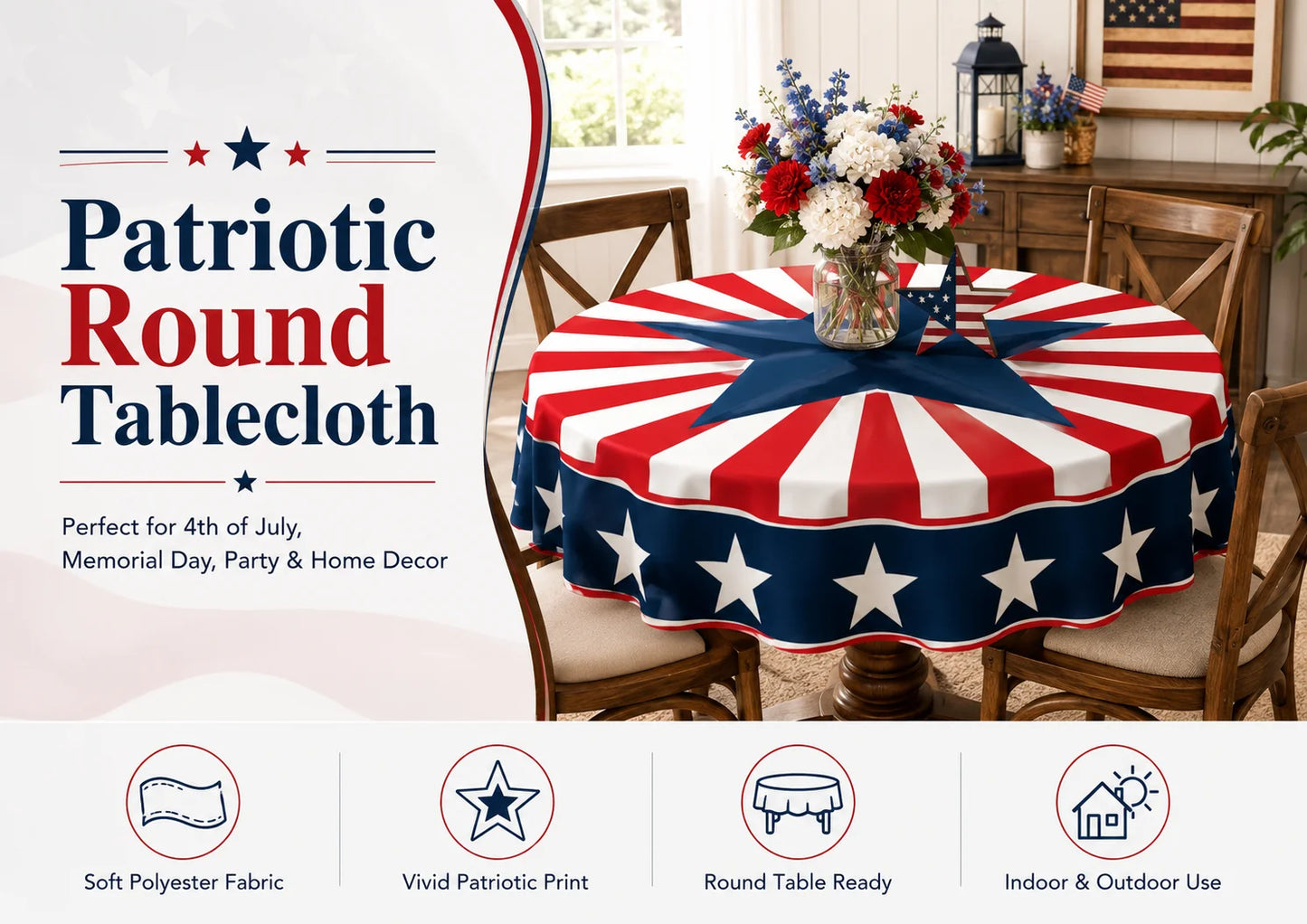 Round Patriotic Tablecloth Red White Blue Star Stripes Print