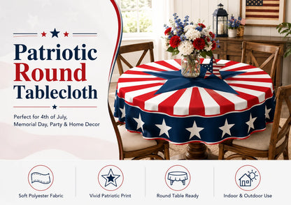 Round Patriotic Tablecloth Red White Blue Star Stripes Print
