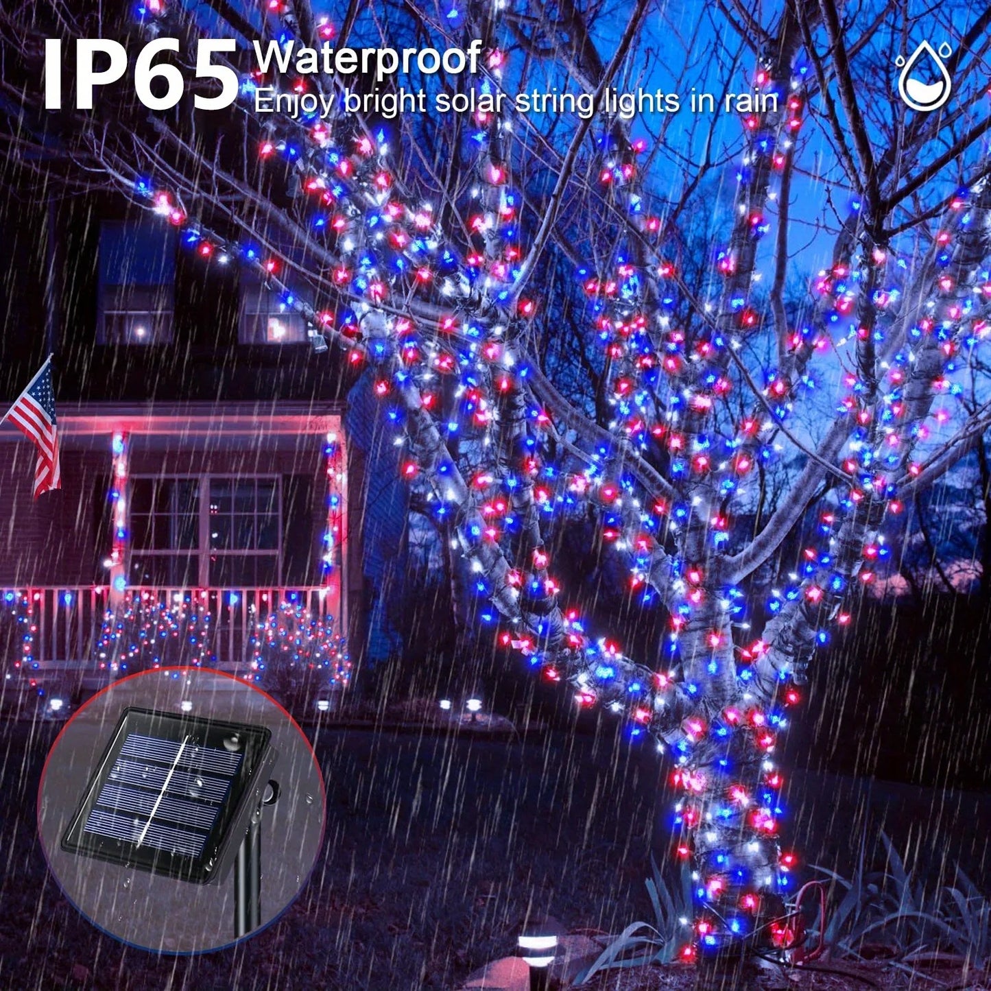 4 Pack 160ft 400LED Solar Powered Red White & Blue String Lights