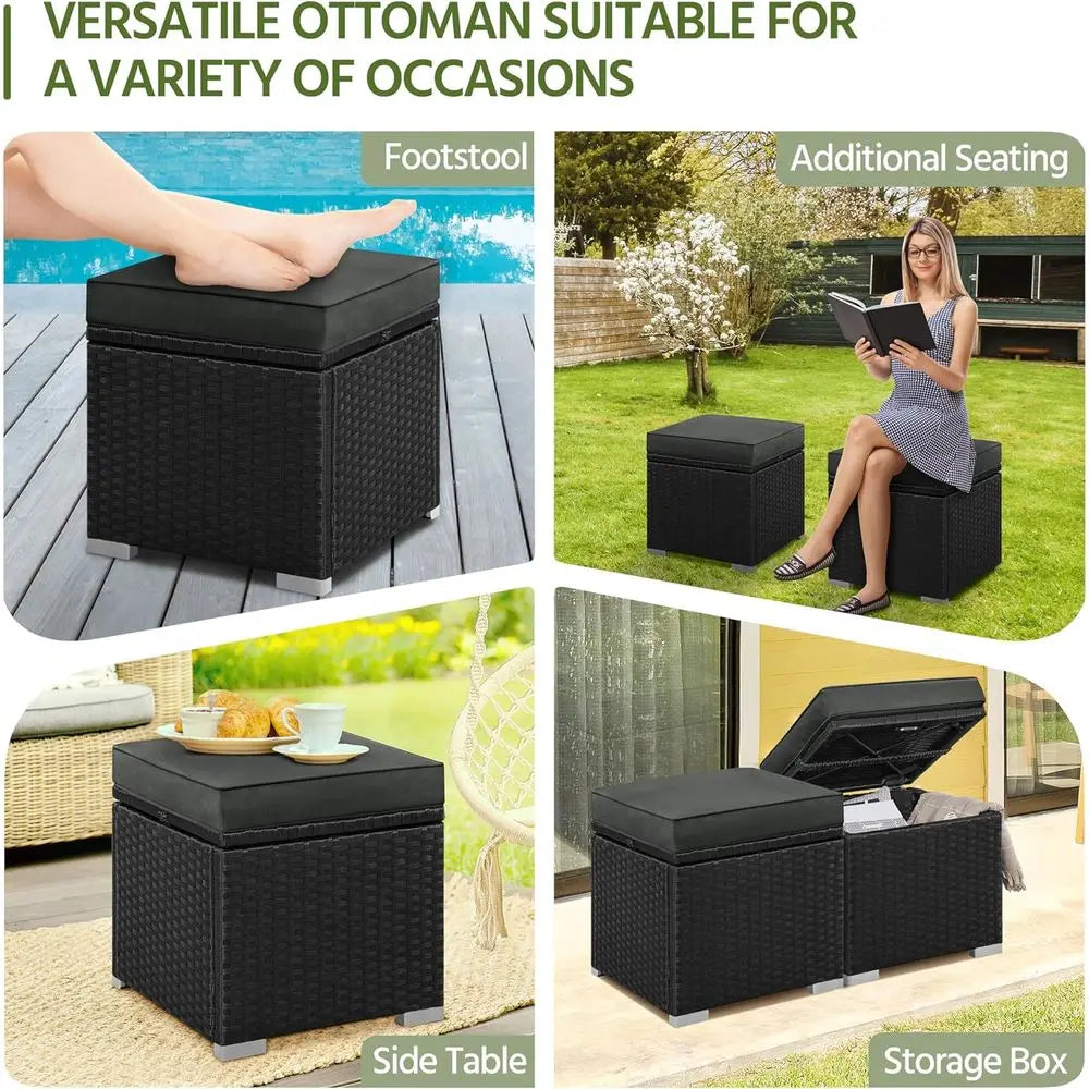 Wicker Ottomans, Set of 2 with Hidden Storage & Removable Cushion