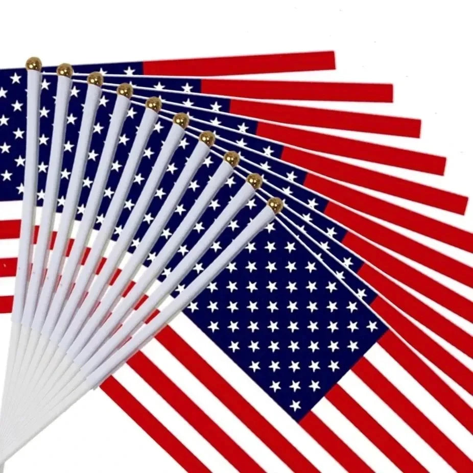 14x21cm polyester double side USA Flag with plastic pole