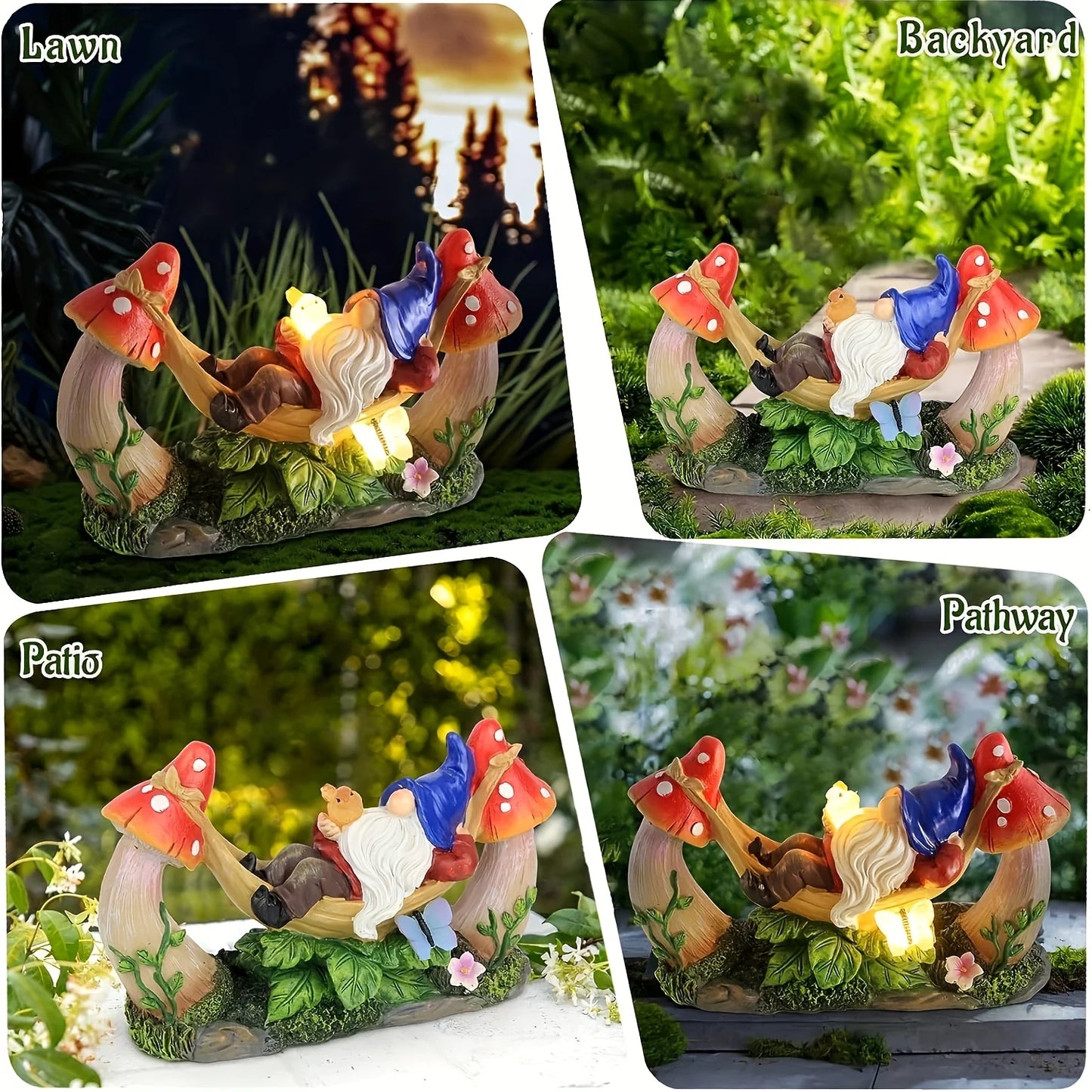 Solar Gnome Figurine Lying on Hammock with Bird and Mushroom