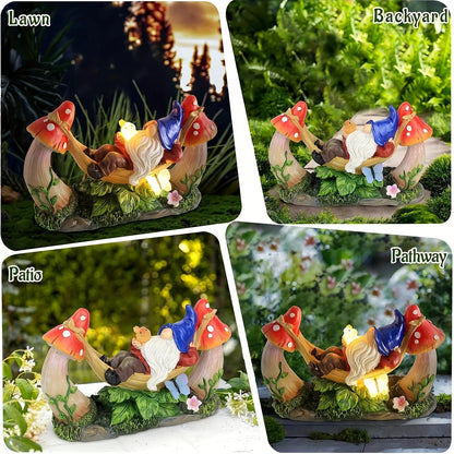 Solar Gnome Figurine Lying on Hammock with Bird and Mushroom