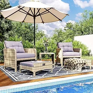 5 Pieces Wicker Outdoor Patio Chairs Set with Coffee Table and Ottomans