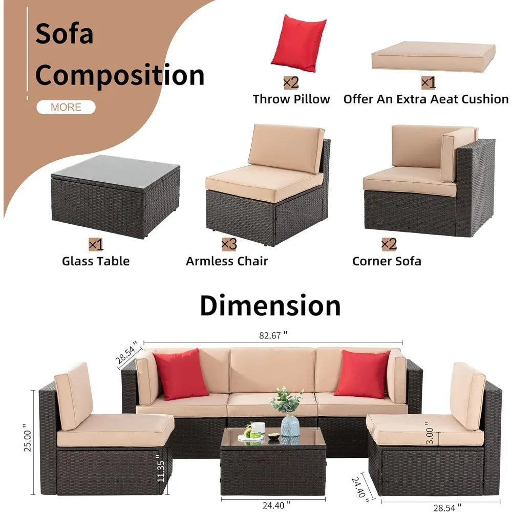 6 Pieces Patio garden furniture set w/Glass Table, Ottoman, Cushion and Pillows