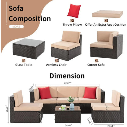 6 Pieces Patio garden furniture set w/Glass Table, Ottoman, Cushion and Pillows