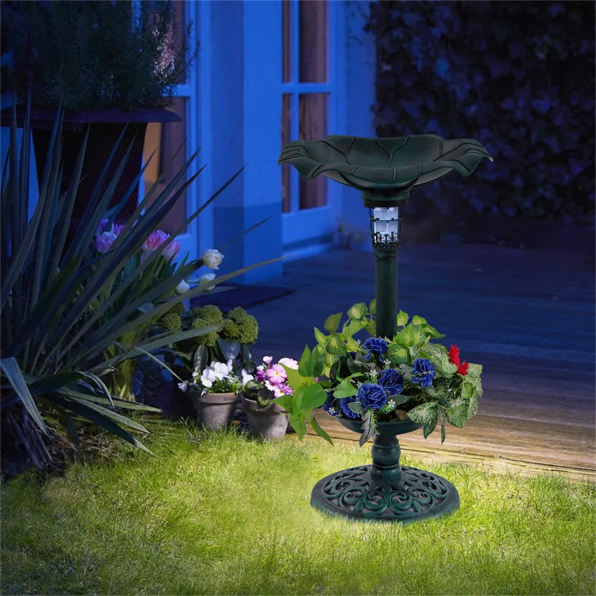 Green Standing Pedestal Birdbath and Feeder Combo with Solar Powered Lamp