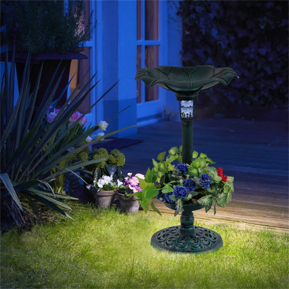 Green Standing Pedestal Birdbath and Feeder Combo with Solar Powered Lamp