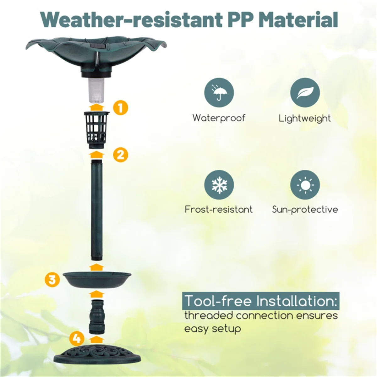 Green Standing Pedestal Birdbath and Feeder Combo with Solar Powered Lamp