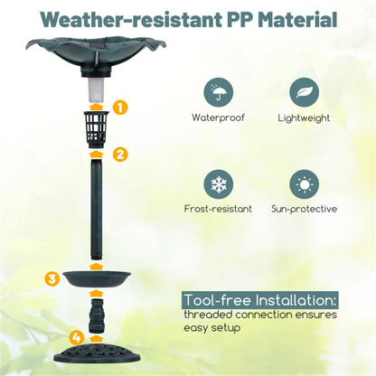 Green Standing Pedestal Birdbath and Feeder Combo with Solar Powered Lamp