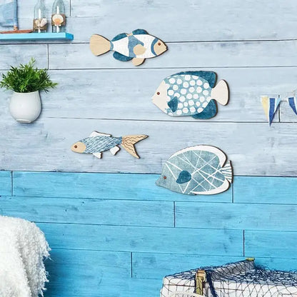 4 Wooden Nautical Fish Wall Sculpture