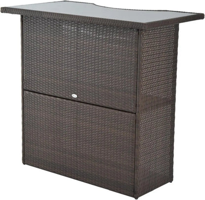 5 Pcs Rattan Wicker Bar Set with Glass Tabletop 2 Tier Storage Shelf