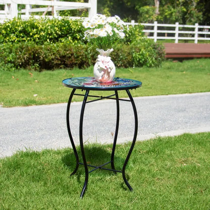 12 Inch Round Butterfly Glass Top Side Table