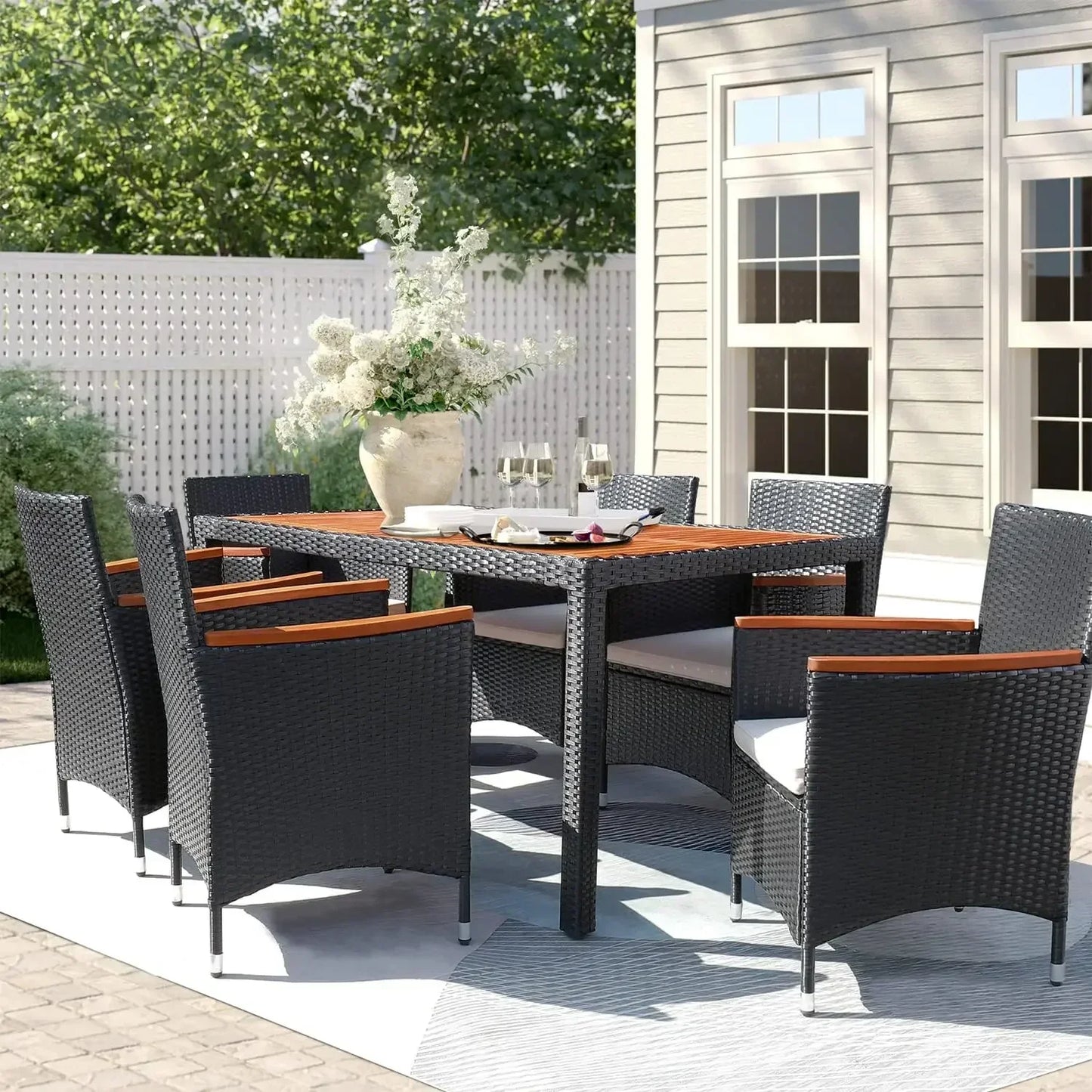 7 Piece Patio Dining Set Outdoor Acacia Wood Table and Chairs with Soft Cushions