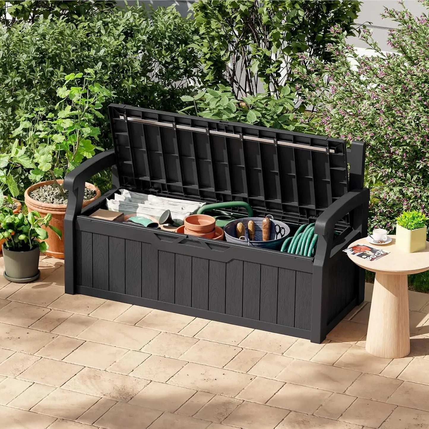 Water-Resistant 70 Gallon Plastic Deck Box Storage Bench