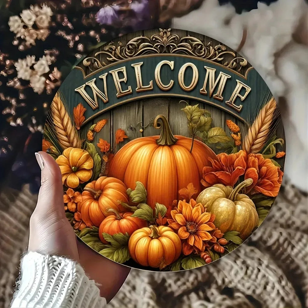 8" Round Metal Fall Harvest Sign