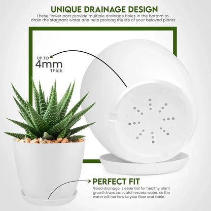 5 Pack White Plastic Plant Pots with Drainage